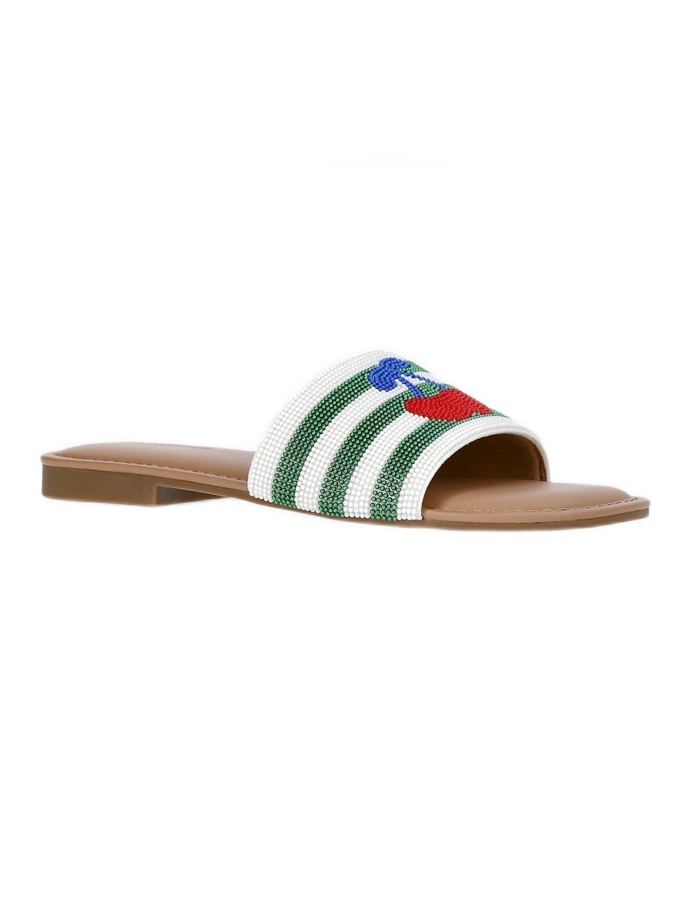 No Boundaries White and Green Striped Slide Sandal with Red Cherry Accent